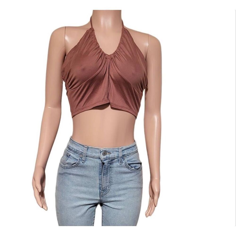 Blashe women's v-neck tie back halter brown cropped top L